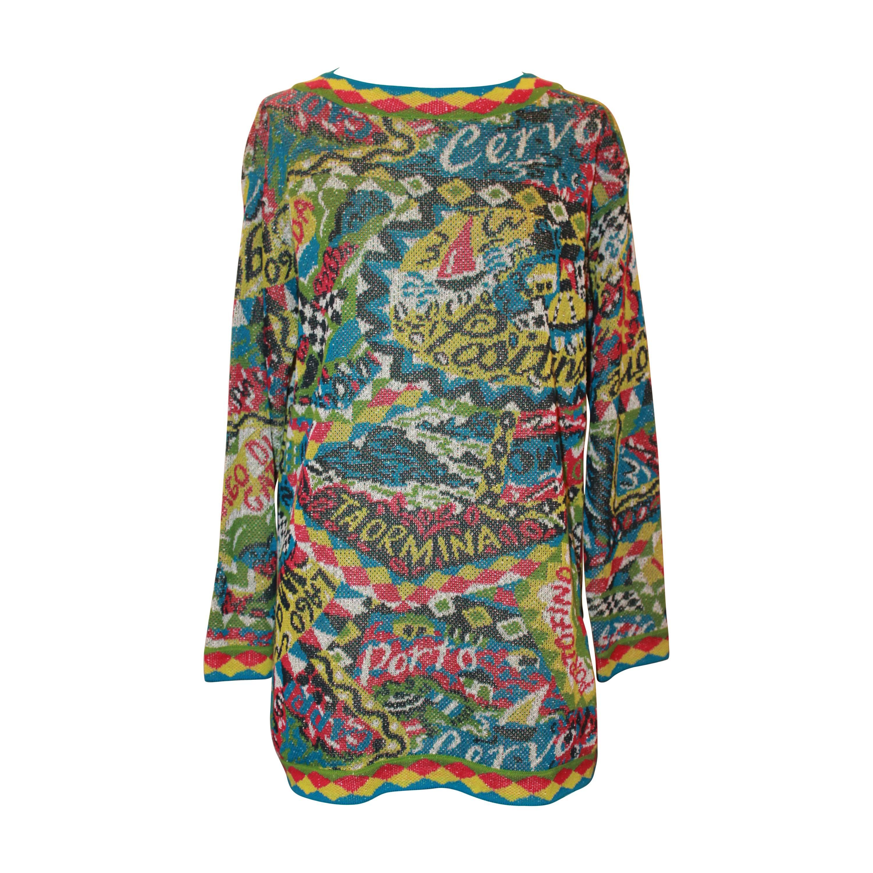 Missoni Vintage Multi Colored Knit Tunic w/ "Italian Cities" Theme - M - 1970's