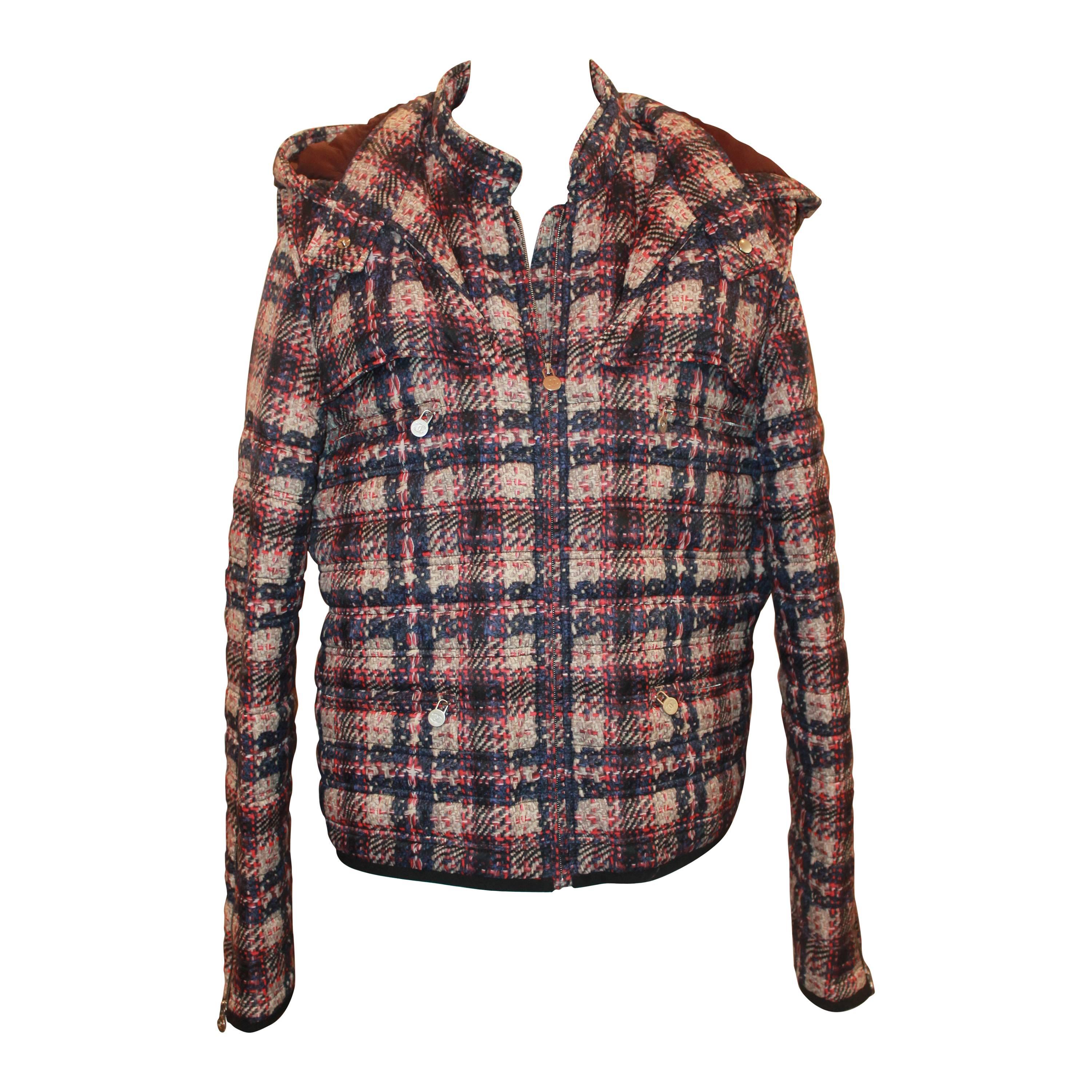 Chanel multi plaid puffer jacket w/ removable hood - Sz 46 - NWT - Circa 2013