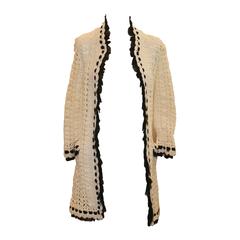Vintage Chanel White Crochet 3/4 coat w/ black silk trim -Sz 40