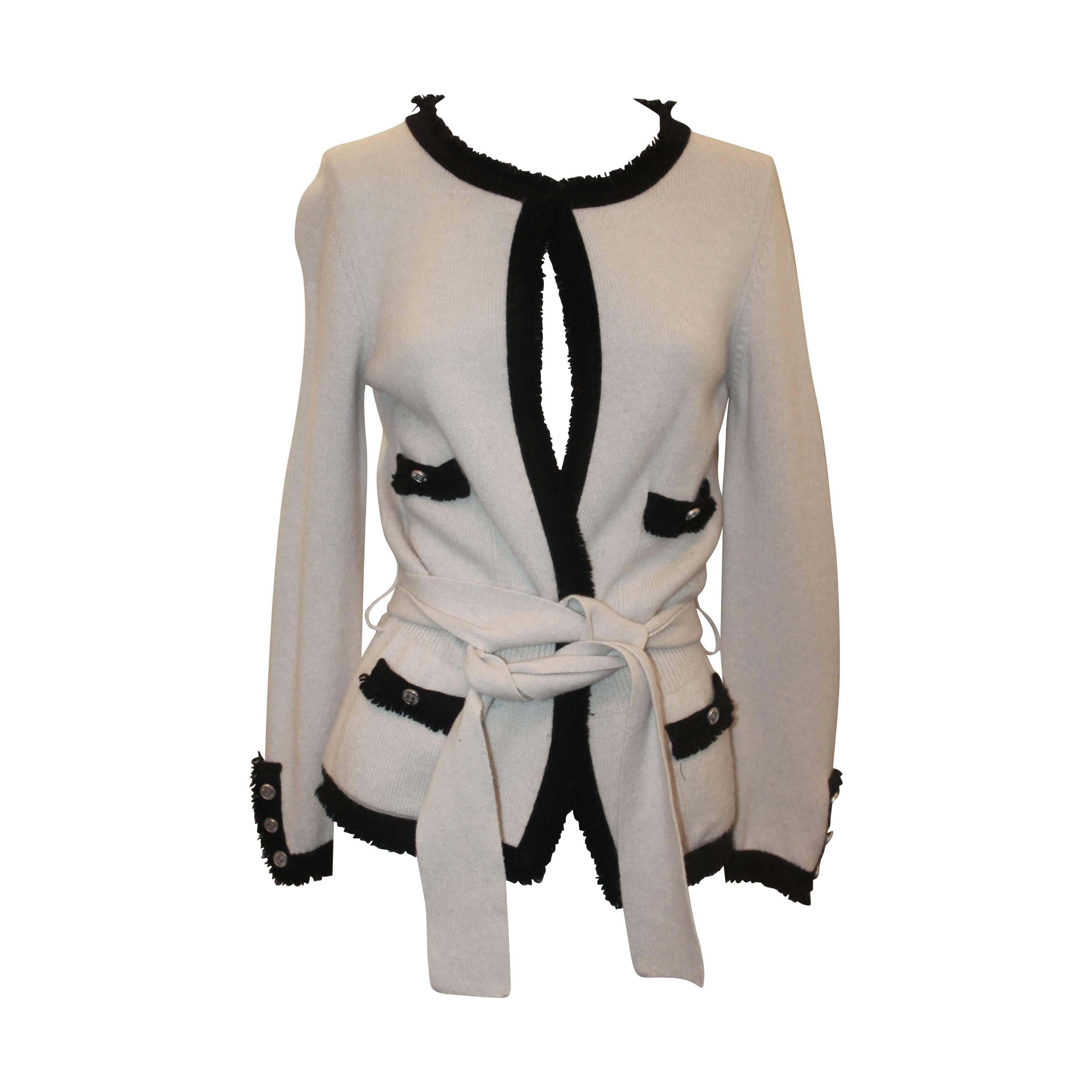 Chanel Cream Cashmere Sweater w/ Black Fringe Trim & Belt Sash - 38