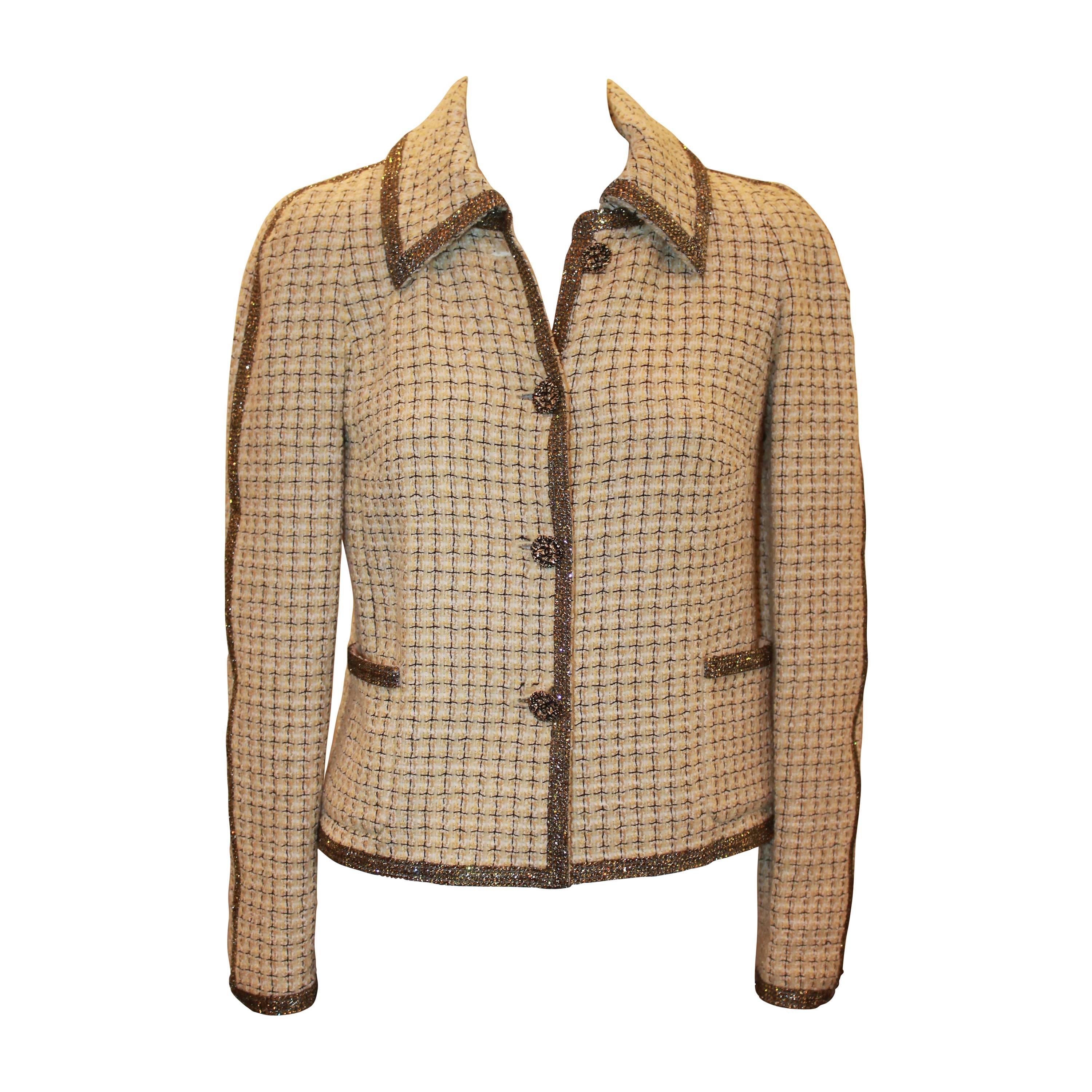 Chanel Ivory & Yellow Tweed Checkered Jacket w/ Topaz Colored Rhinestones - 36