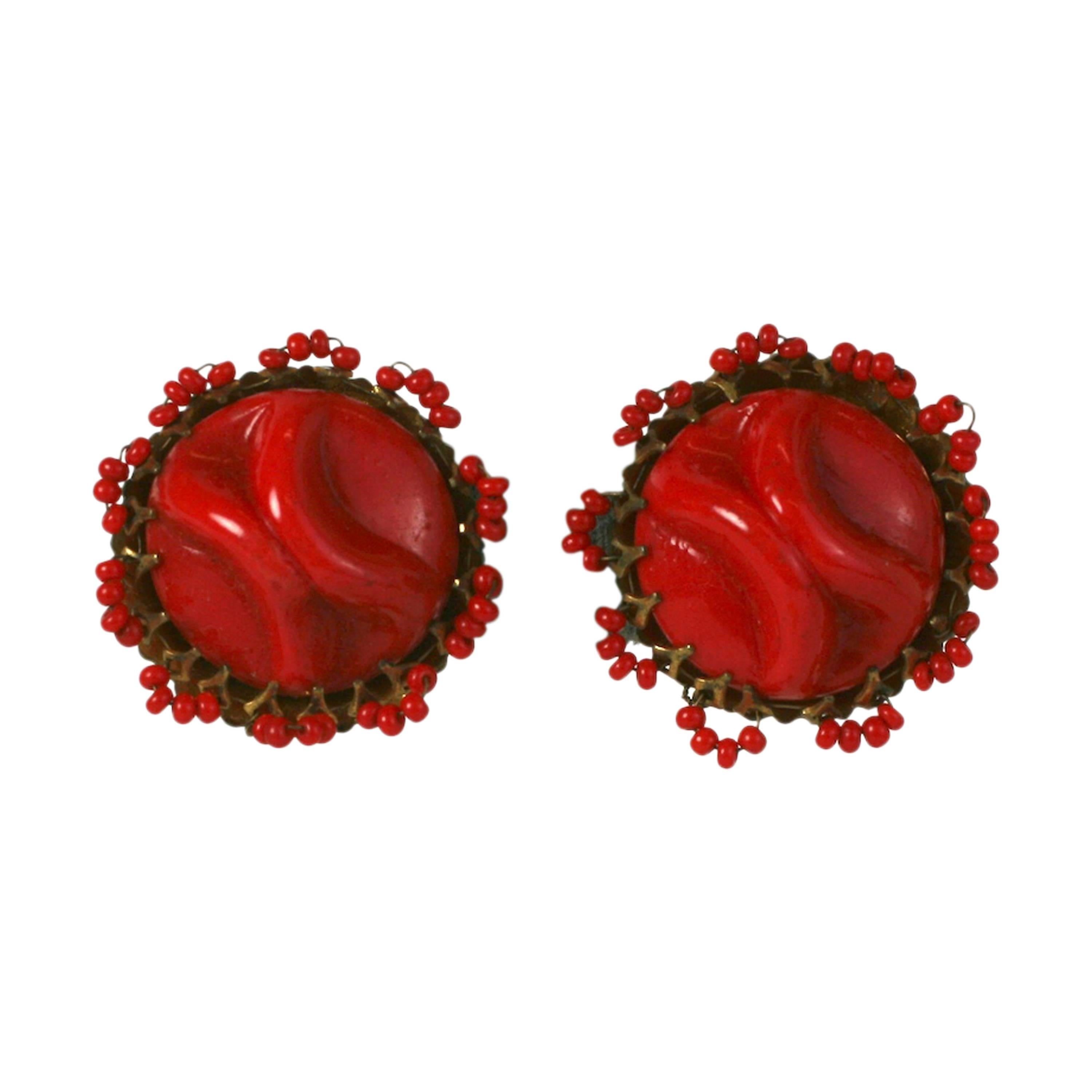 Miriam Haskell Red Pate de Verre Earclips