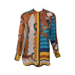 Hermes Paris Silk Equestrian Print Button Up Blouse