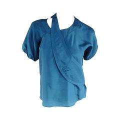 BALENCIAGA by NICOLAS GHESQUIERE Size 2 Blue Draped Panel Asymmetrical Blouse