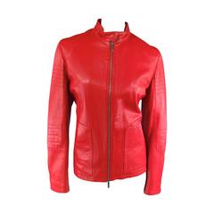 JIL SANDER Size 8 Red Leather Zip Motorcycle Jacket