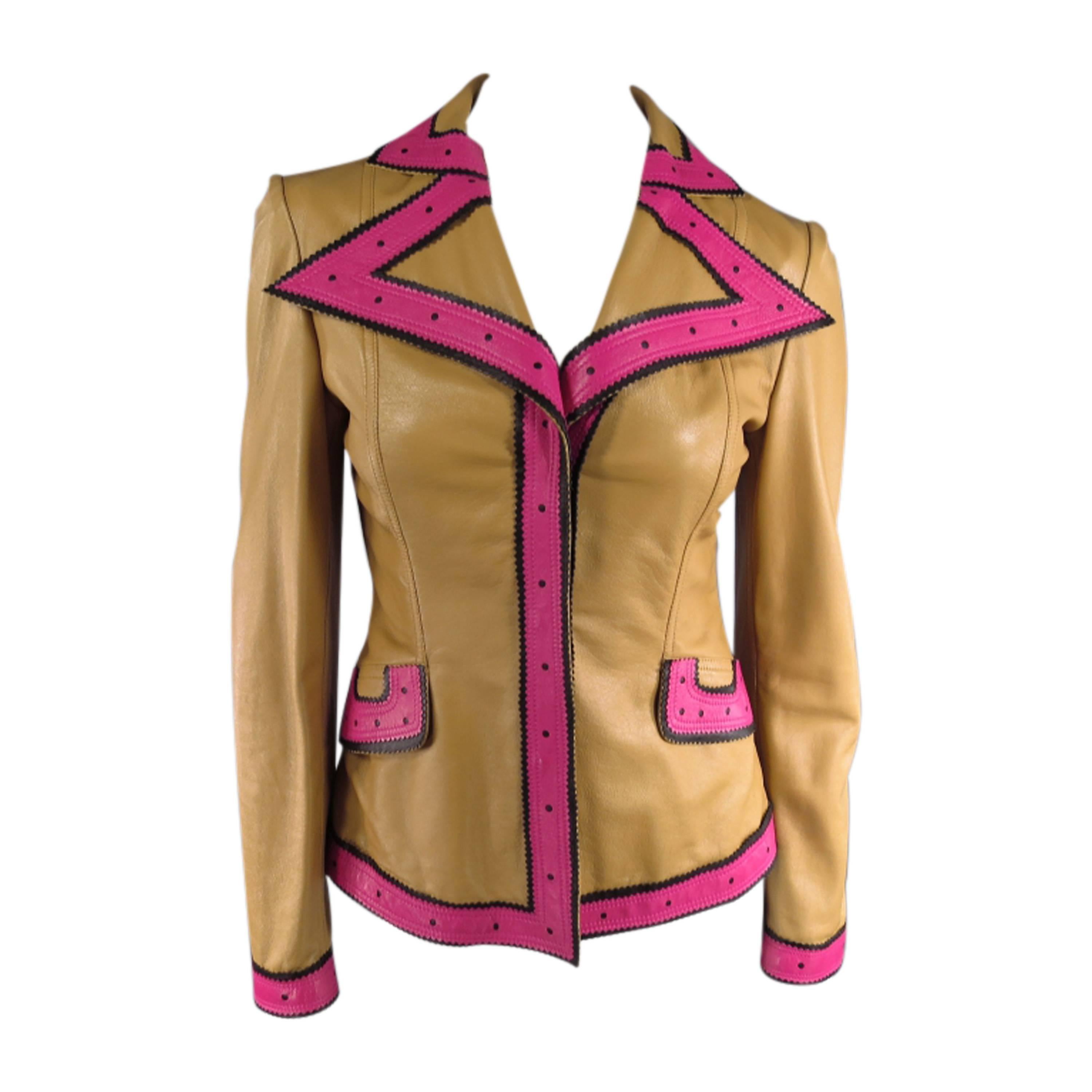 VALENTINO Size 6 Beige Pink & Black Leather Trim Leather Pointed Lapel Jacket