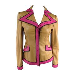 VALENTINO Size 6 Beige Pink & Black Leather Trim Leather Pointed Lapel Jacket