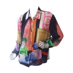 Unique Silk Beaded Graphic Print Blouse c 1990s 7
