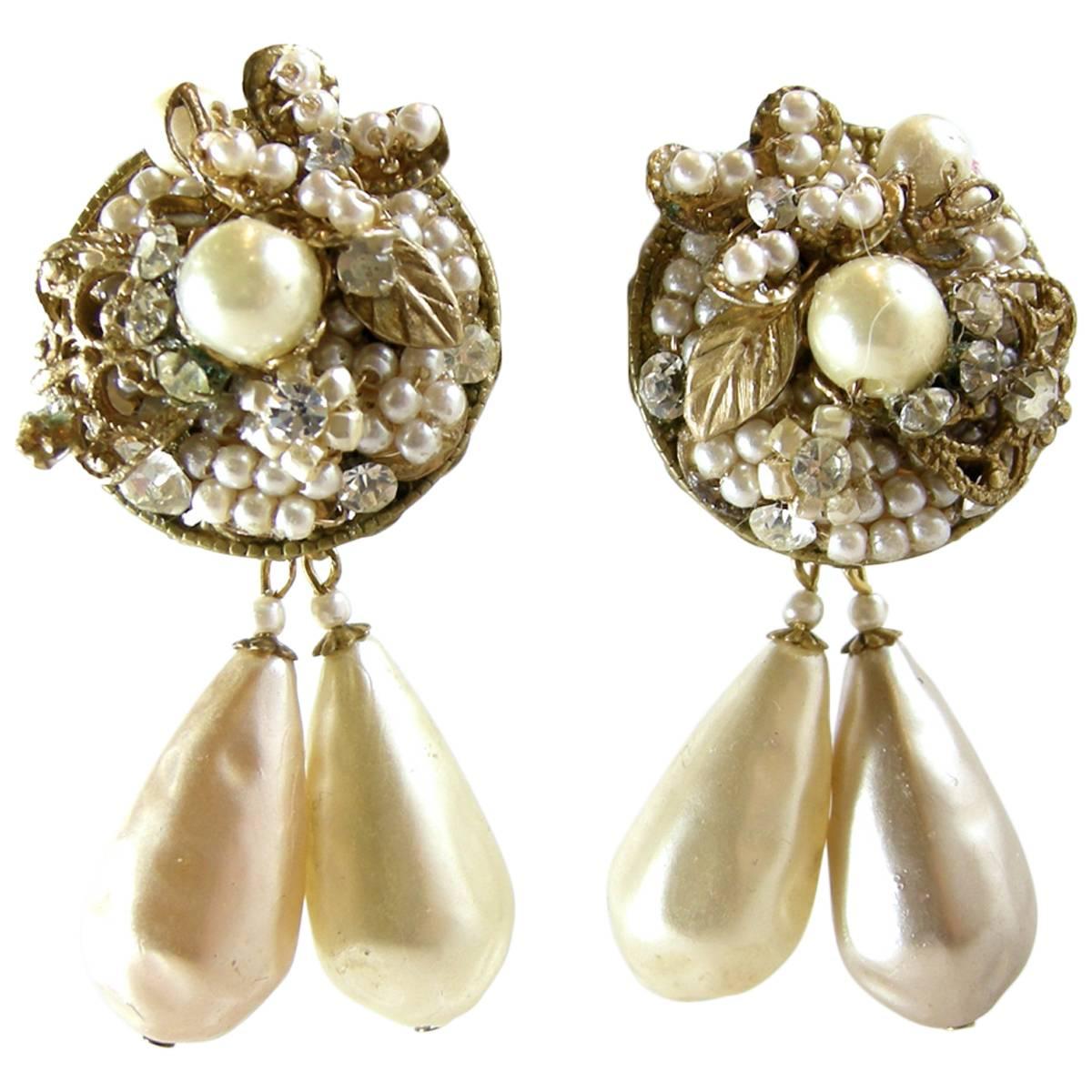 Vintage Signed 1950s De Mario Baroque Pearl Drop Earrings