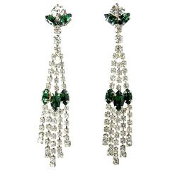 Vintage 1950s Pierced Art Deco Green And Crystal Rhinestone Drop Earrings