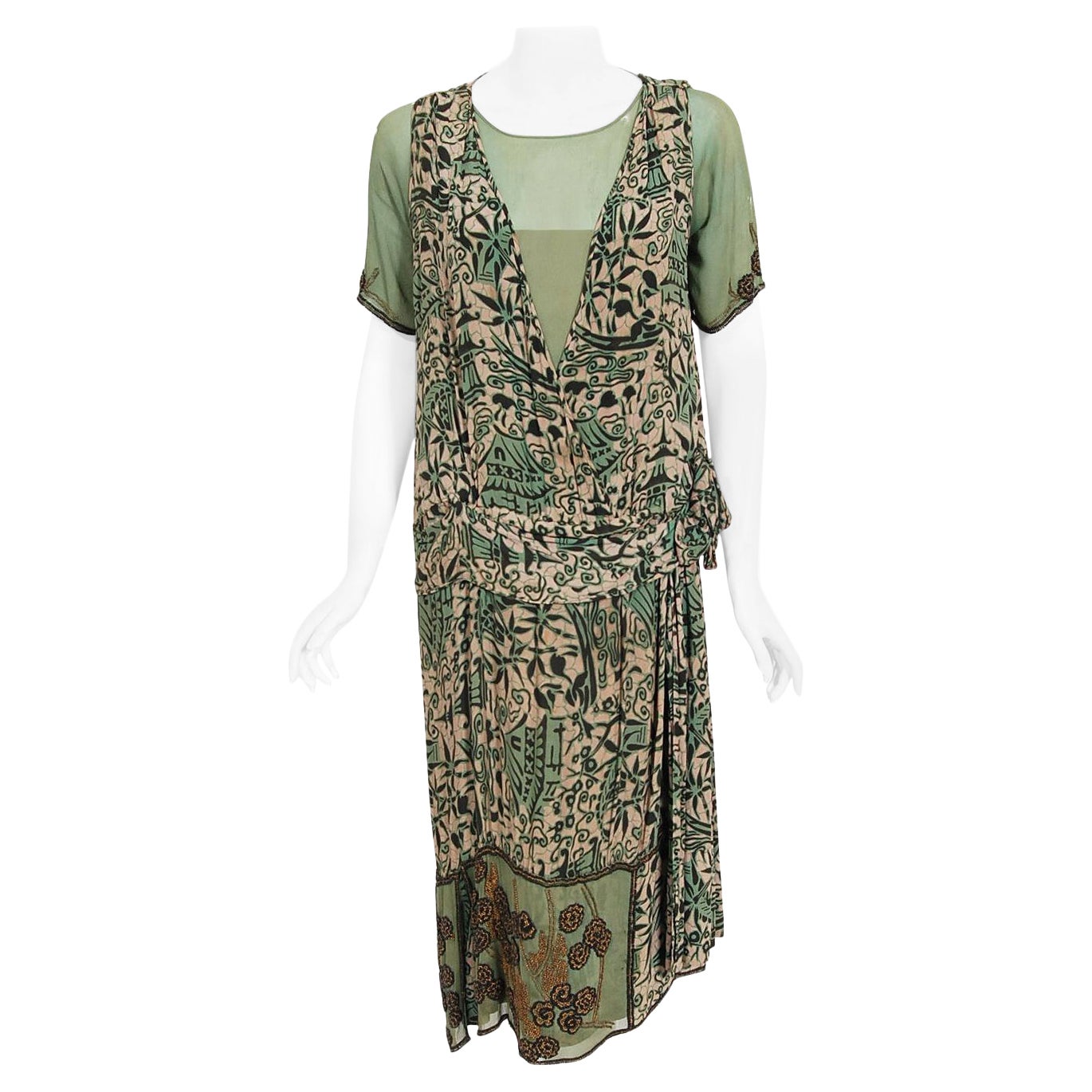 Vintage 1920's Seafoam Green Scenic Print Silk & Beaded Chiffon Art-Deco Dress For Sale