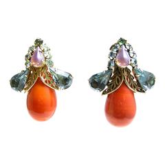 Vintage Signed Schreiner Faux Coral Bug Designer Earrings