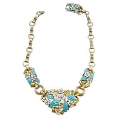 Rare Signed Art Deco Vintage Trifari Blue Enamel Flower Necklace