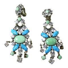 Vintage Genuine Austrian Crystal Faux Turquoise Chandelier Earrings