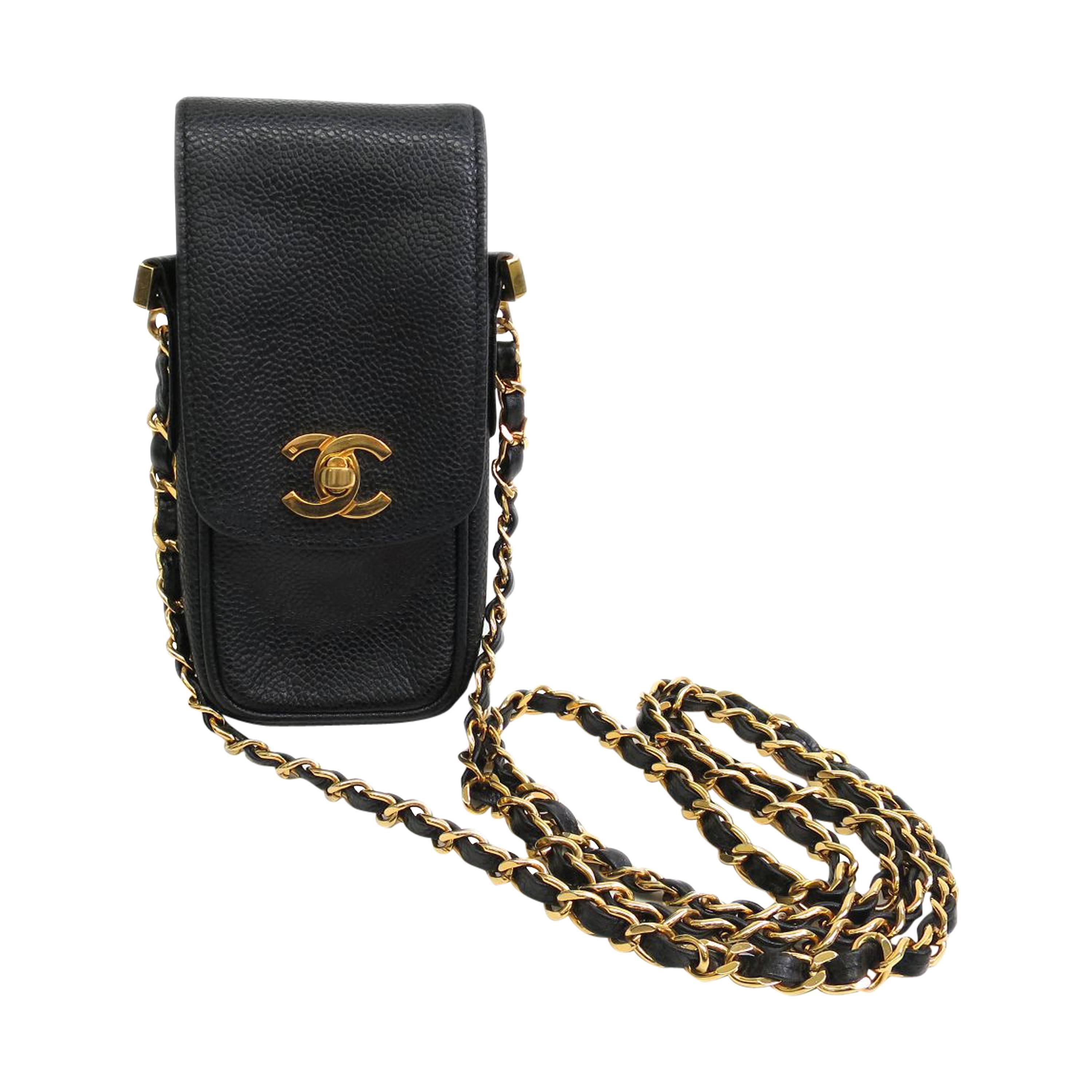 Chanel Black Caviar Leather Gold Hardware Phone Case Crossbody Shoulder Bag