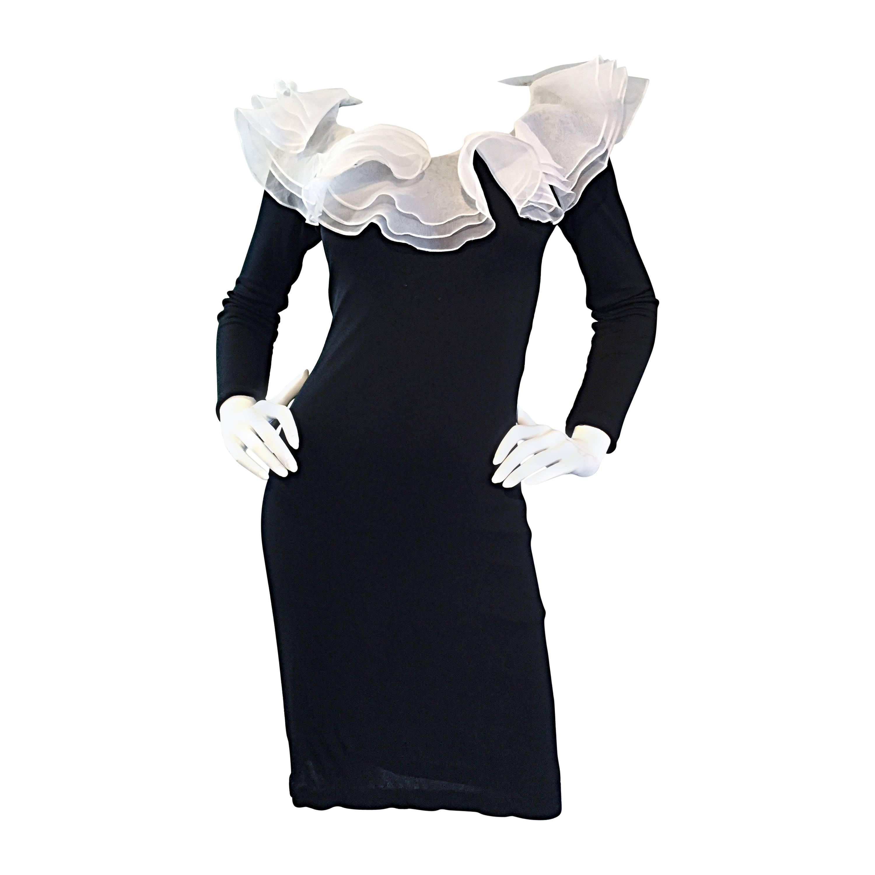 Incredible Vintage Jill Richards Black & White Ruffle Body Con Long Sleeve Dress For Sale