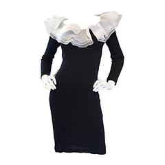 Incredible Vintage Jill Richards Black & White Ruffle Body Con Long Sleeve Dress
