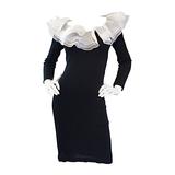 Incroyable robe vintage Jill Richards moulante à manches longues noire et blanche à volants