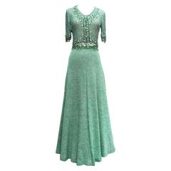 1970s Loris Azzaro Green and Silver Lurex Crochet Ensemble