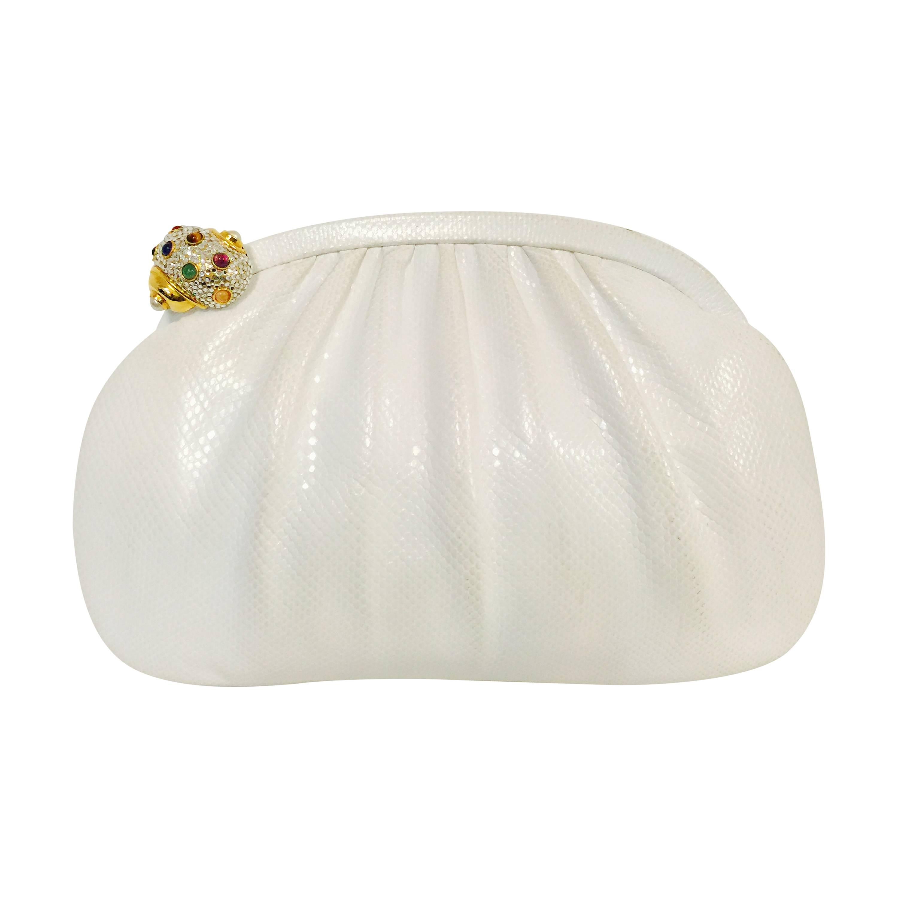 Vintage Judith Leiber White Lizard Convertible Clutch With Bejeweled Shell Clasp