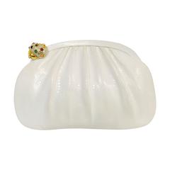 Retro Judith Leiber White Lizard Convertible Clutch With Bejeweled Shell Clasp