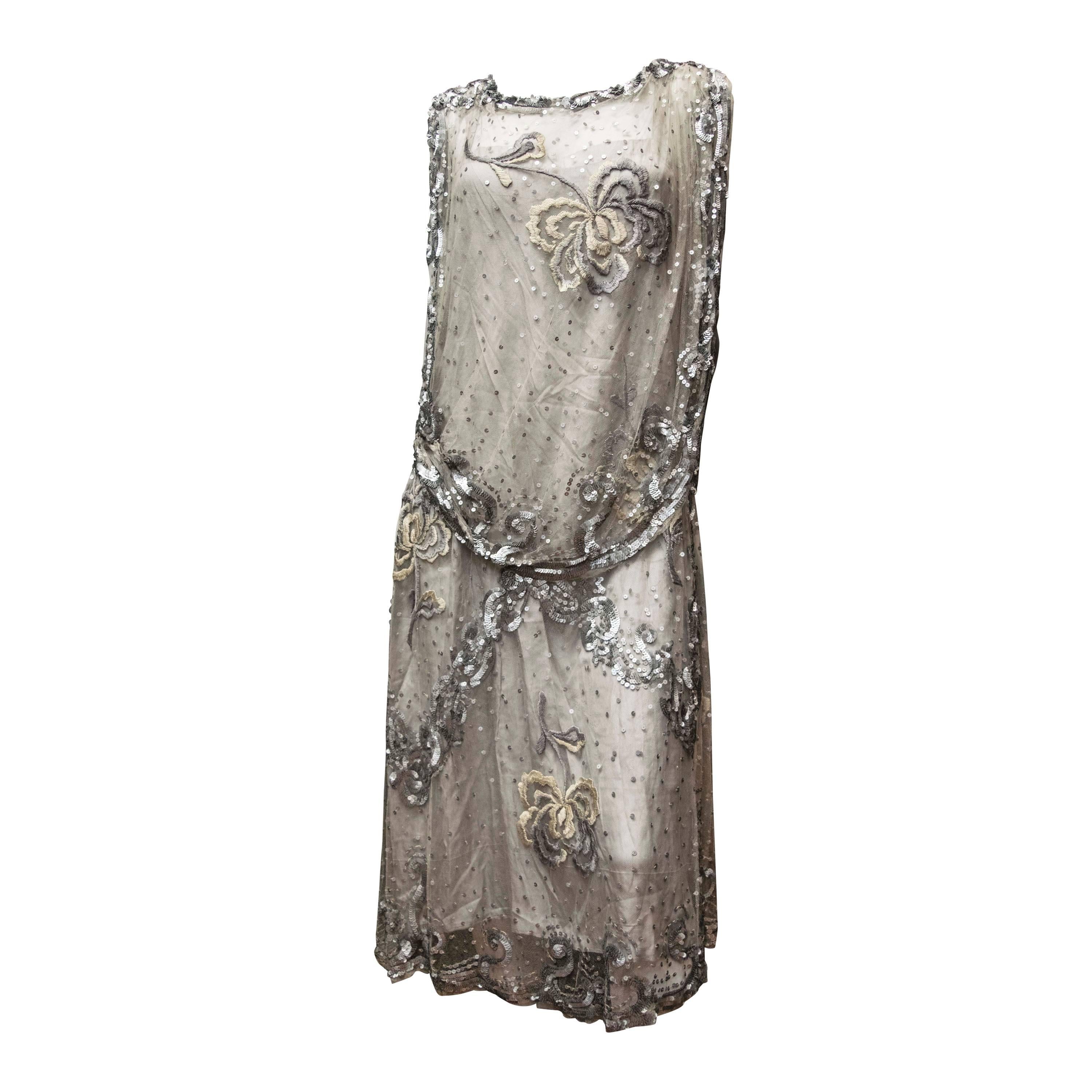 1920s Silver Lace Sequinned Dress