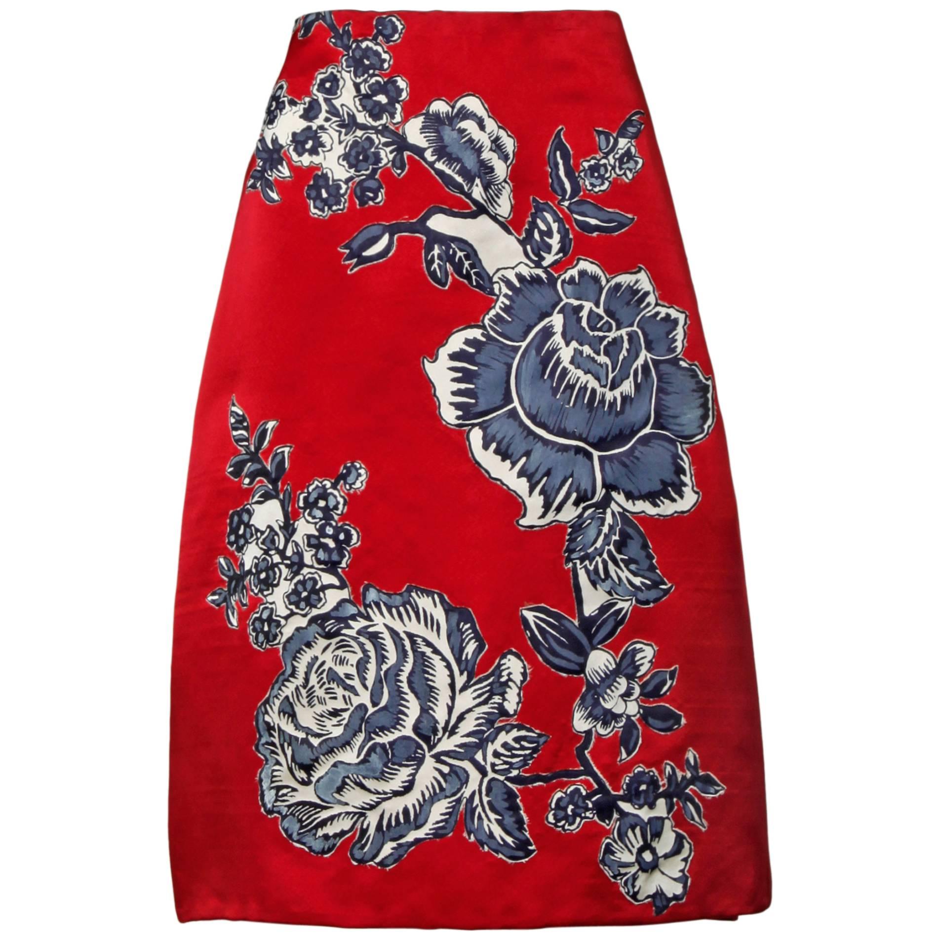 Bill Blass Vintage Red Silk Satin Skirt with Screen Printed Flowers