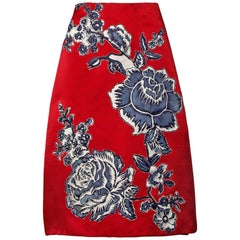 Bill Blass Vintage Red Silk Satin Skirt with Screen Printed Flowers