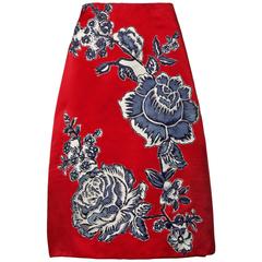 Bill Blass Vintage Red Silk Satin Skirt with Screen Printed Flowers