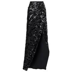 Donna Karan Long Black Sequin Scissor Maxi Skirt with High Leg Slit