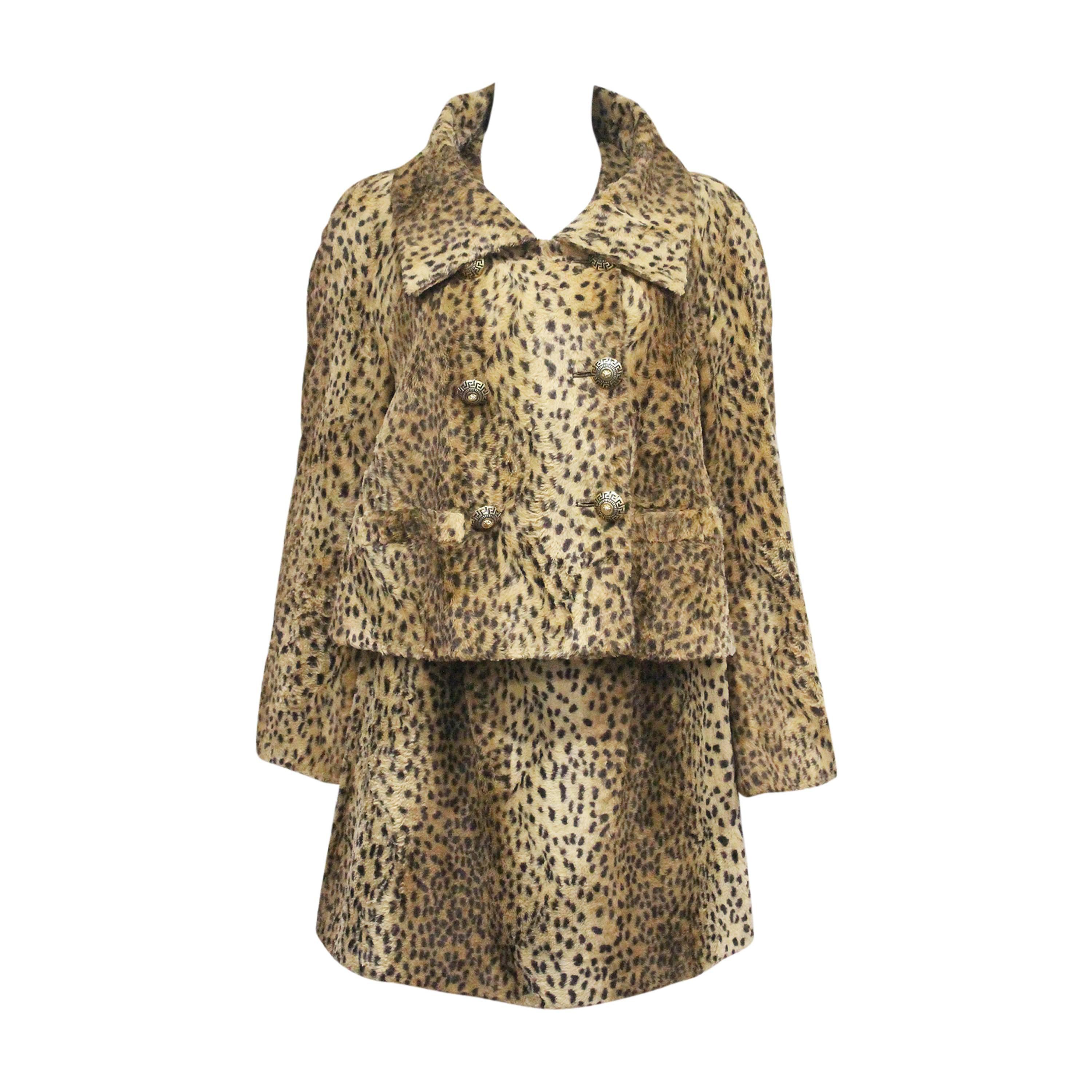 Gianni Versace cheetah print faux fur jacket and dress ensemble, c. 1990s  For Sale