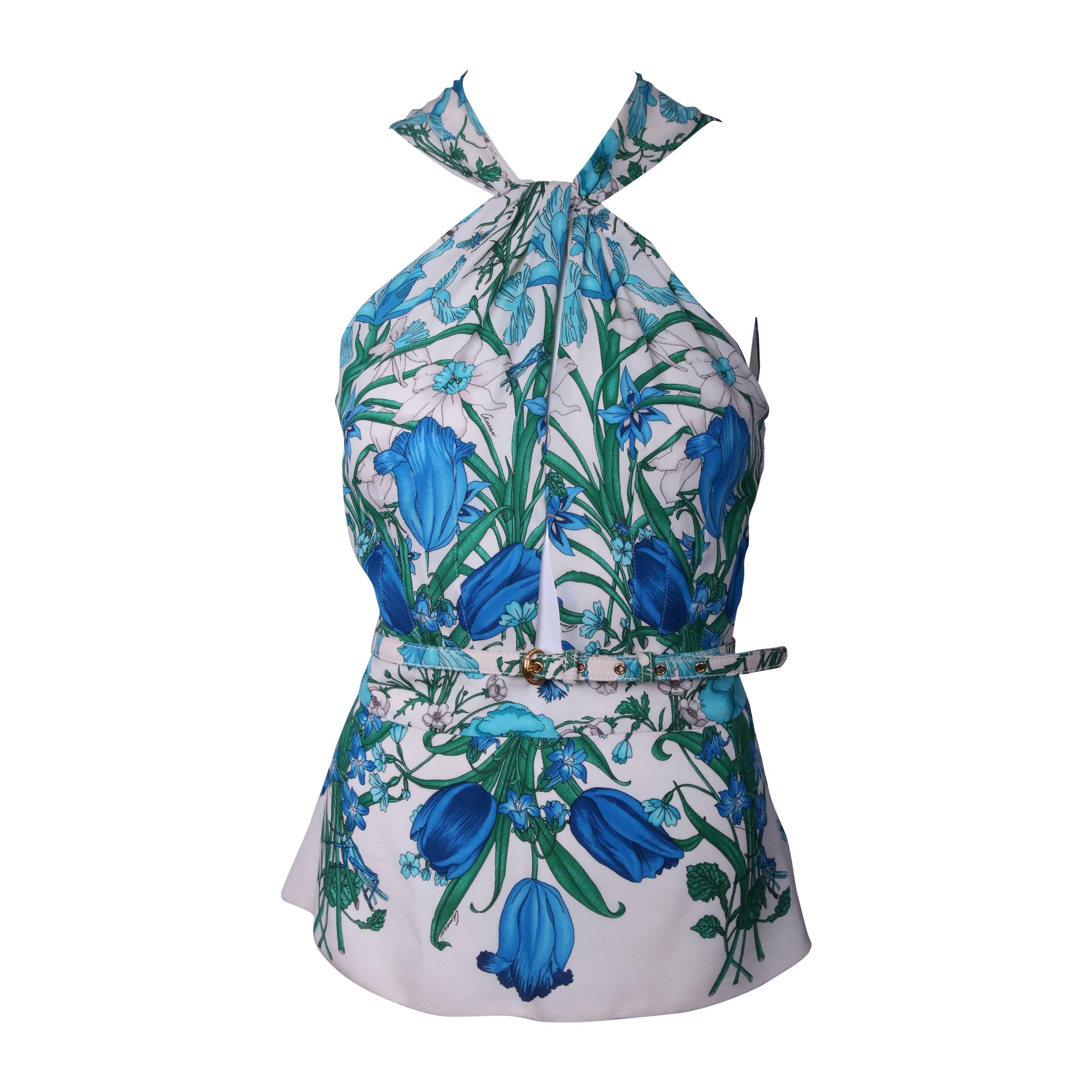 Gucci 100% Silk Floral Print Halter Top w/Keyhole Neckline, Open Back & Belt
