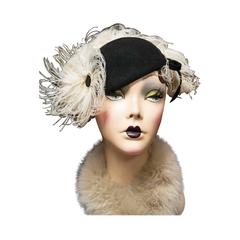 Vintage 1930s Beaver Felt Skull Hat with Marabou Feathers