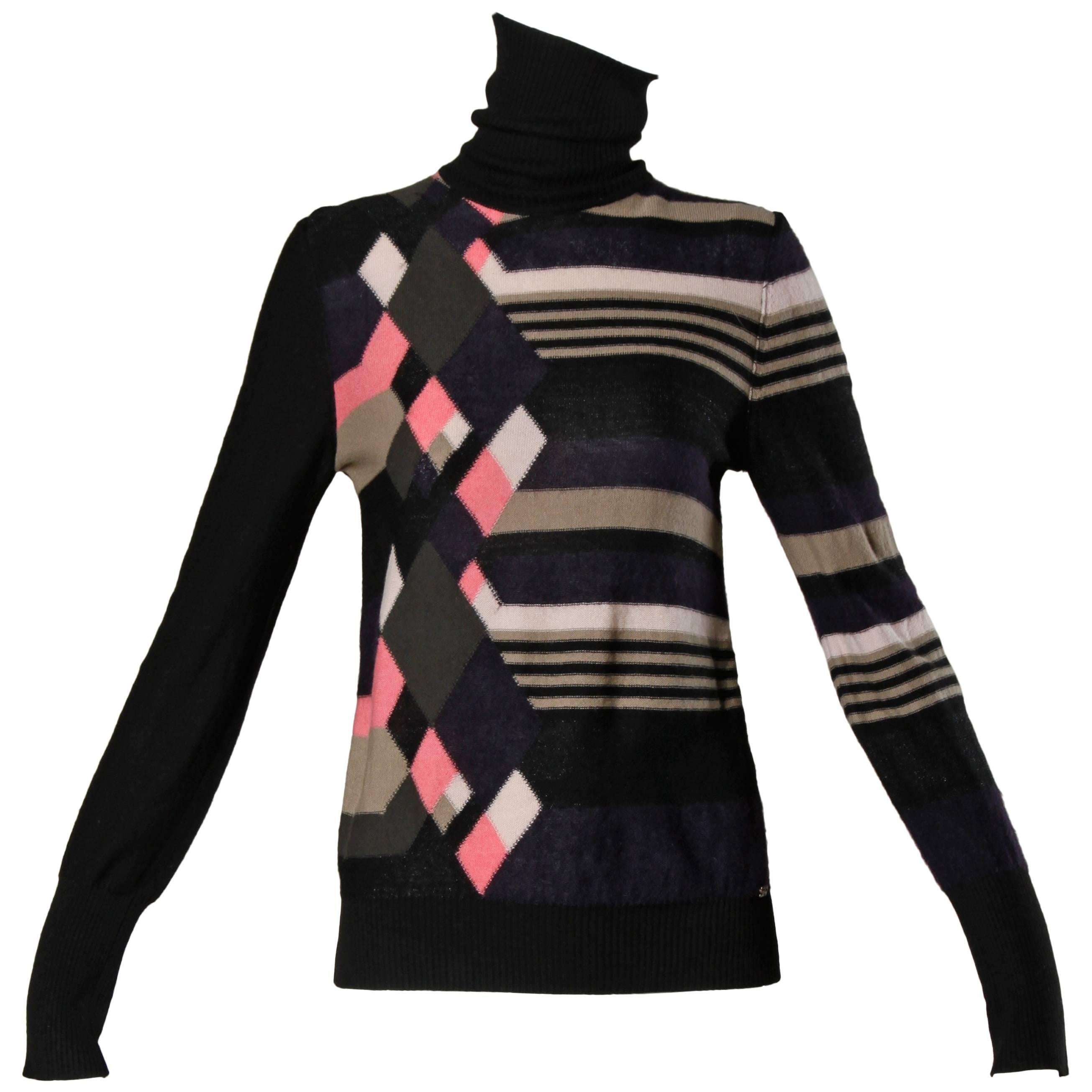 Sonia Rykiel Wool Cashmere Blend Knit Turtle Neck Sweater with Geometric Design