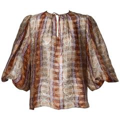 1970s Frances Heffernan Sheer Paper Thin Silk Blouse with Balloon Sleeves