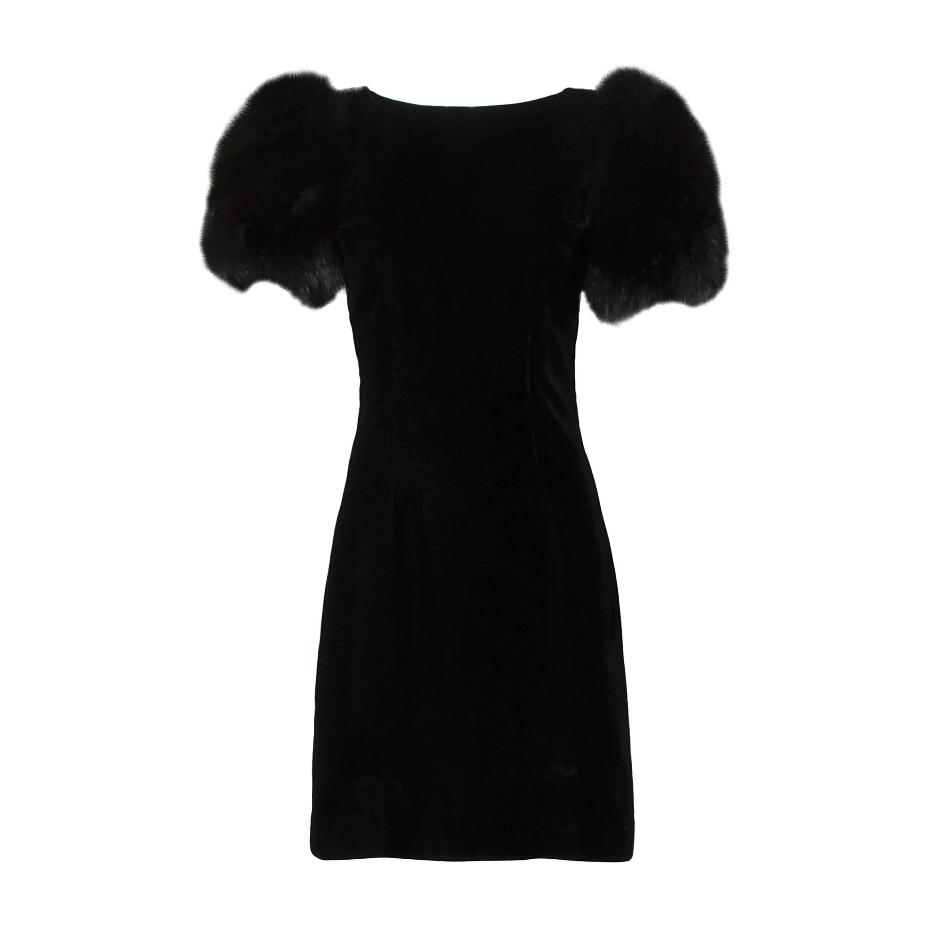 Victor Costa Vintage Black Velvet Dress with Fox Fur Sleeves