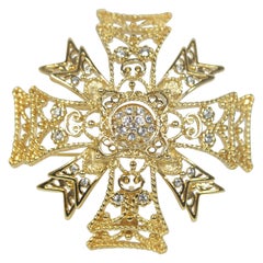 KENNETH JAY LANE Gold Tone Cross with Rotating Rhinestone Ball Pendant & Brooch