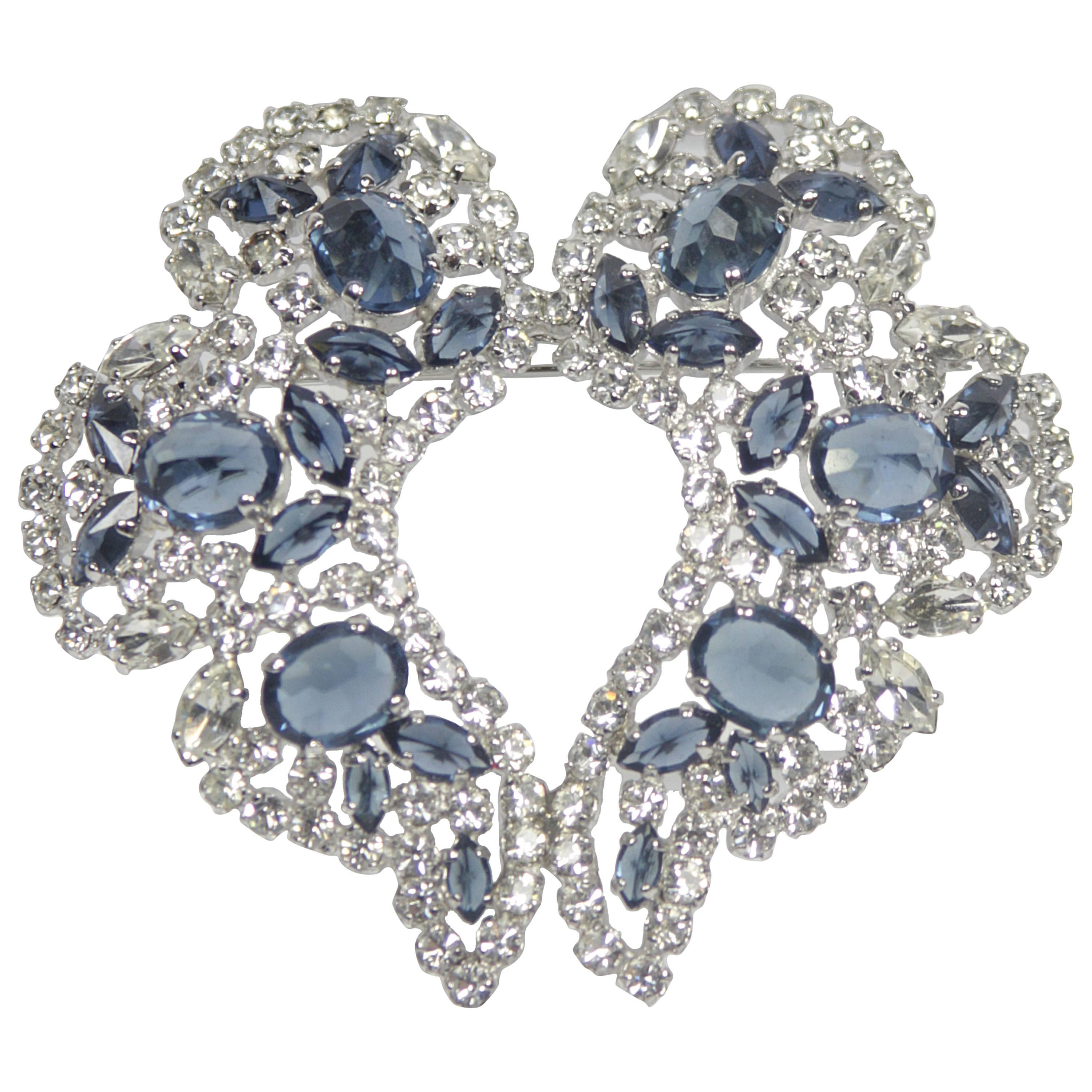 SHERMAN White and Sapphire Rhinestone Brooch  For Sale