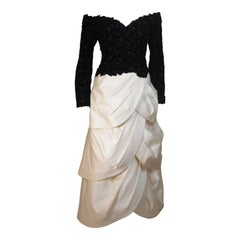 ARNOLD SCAASI Black Velvet Floral Design Gown with Satin Tiered Skirt Size 12-14