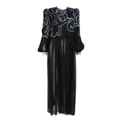 GALANOS Black Silk Chiffon Sheer Gown with Rhinestone Accent Cuffs Size Large