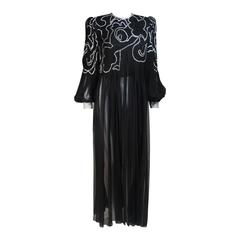 GALANOS Black Silk Chiffon Sheer Gown with Rhinestone Accent Cuffs Size Large 5