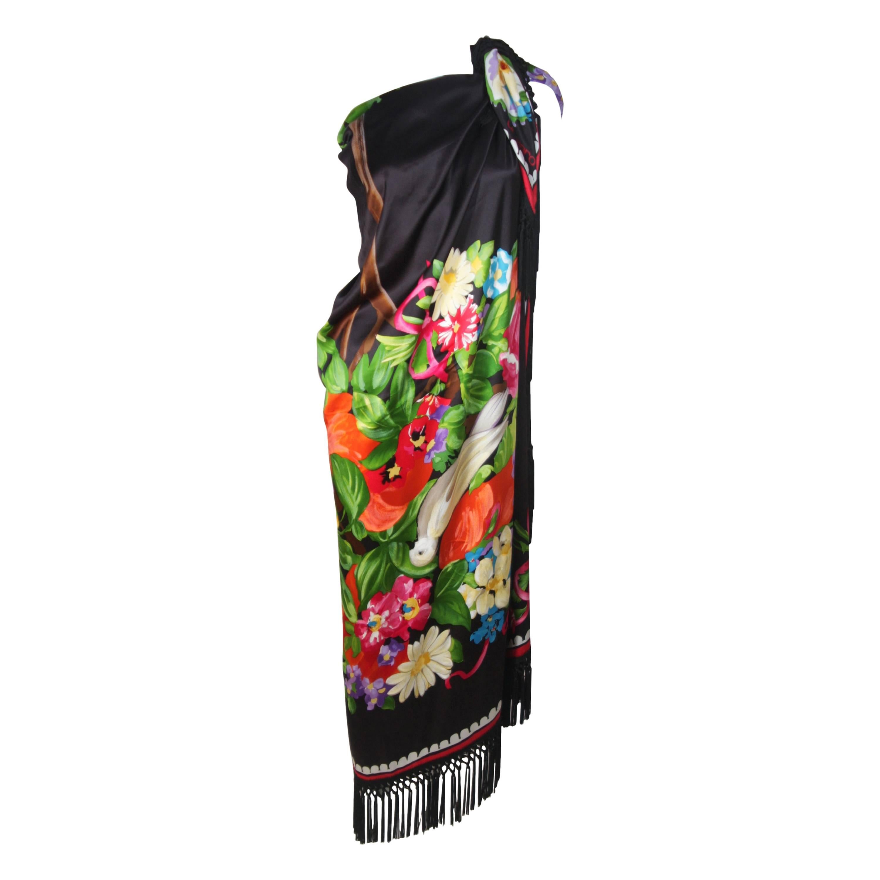 UNGARO Vivid Black Tropical Print Fringe Scarf with Bird Motif XL