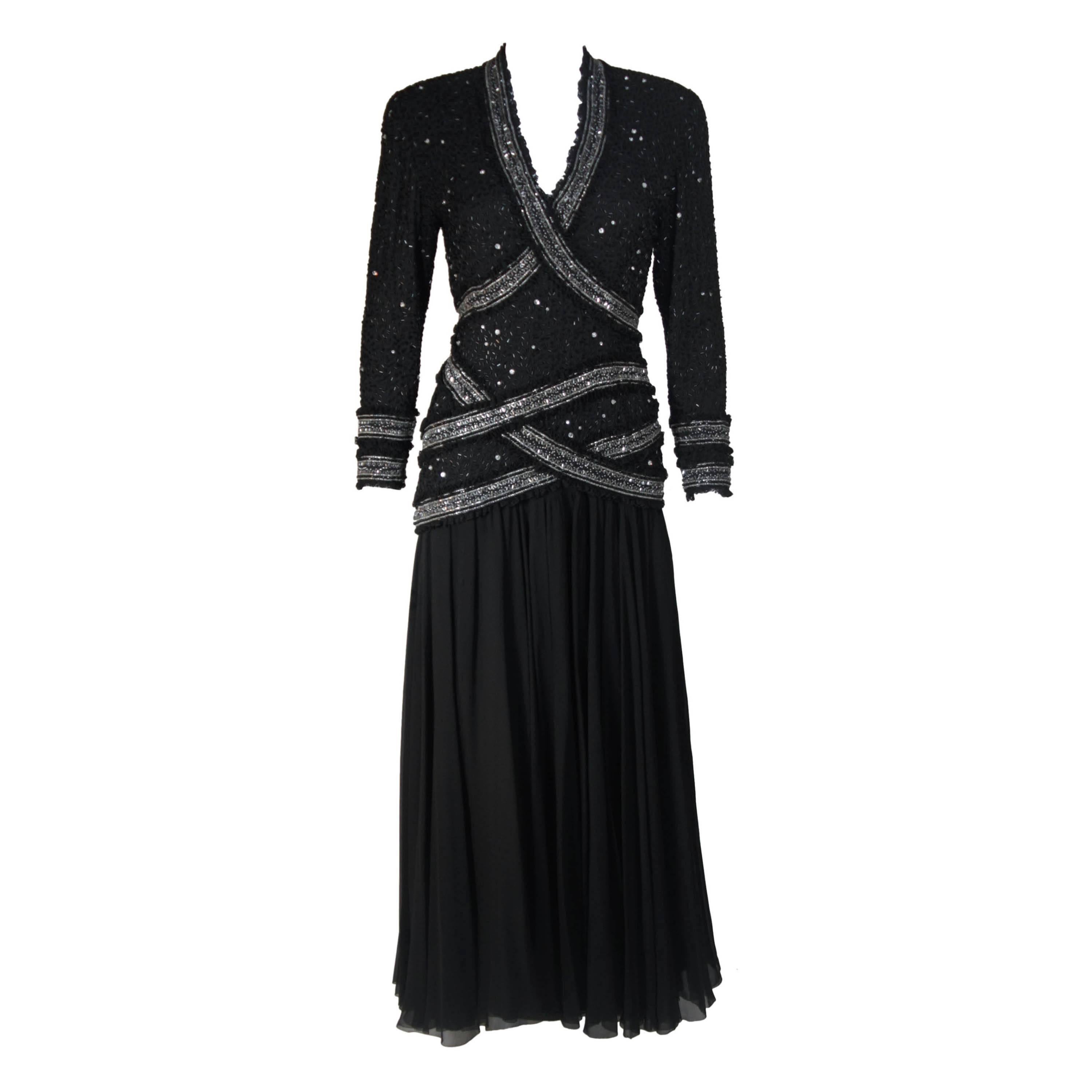 FABRICE NEW YORK COUTURE Black Embellished Chiffon Long Sleeve Gown Size 2 For Sale
