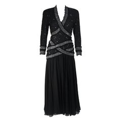 Used FABRICE NEW YORK COUTURE Black Embellished Chiffon Long Sleeve Gown Size 2