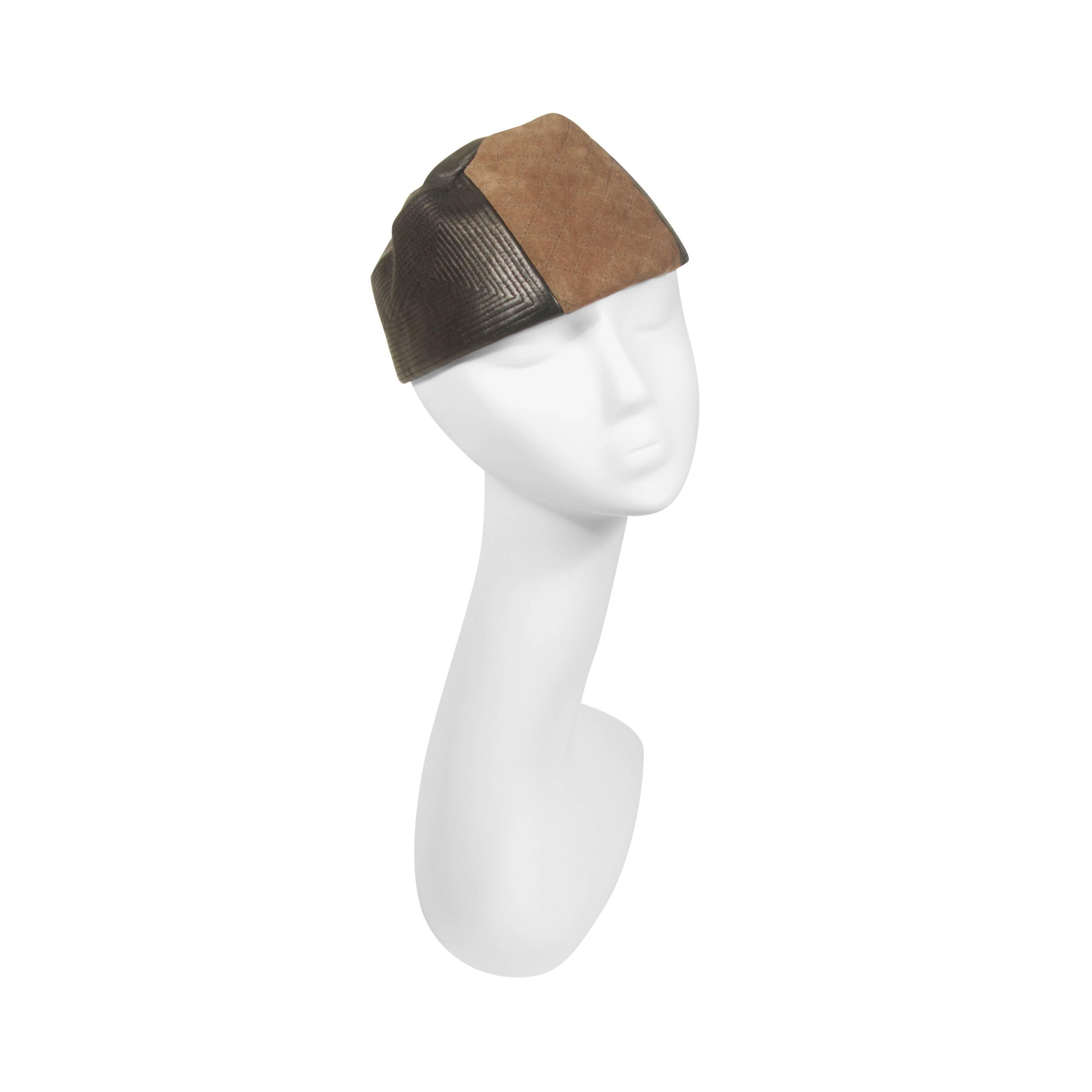 YVES SAINT LAURENT RIVE GAUCHE Suede and Leather Hat with Top Stitch Details For Sale