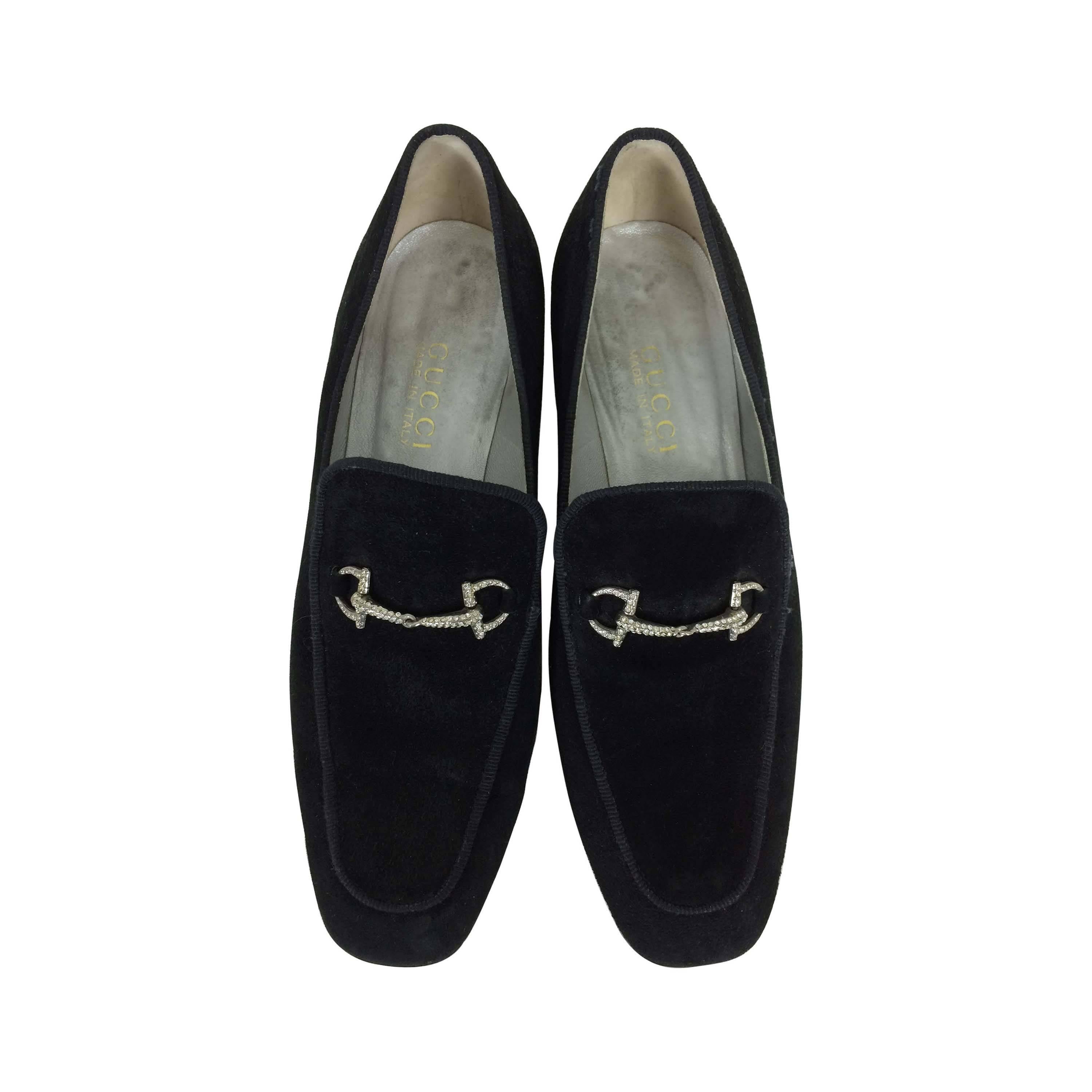 Gucci chunky black suede rhinestone bit loafers 38 1/2 C