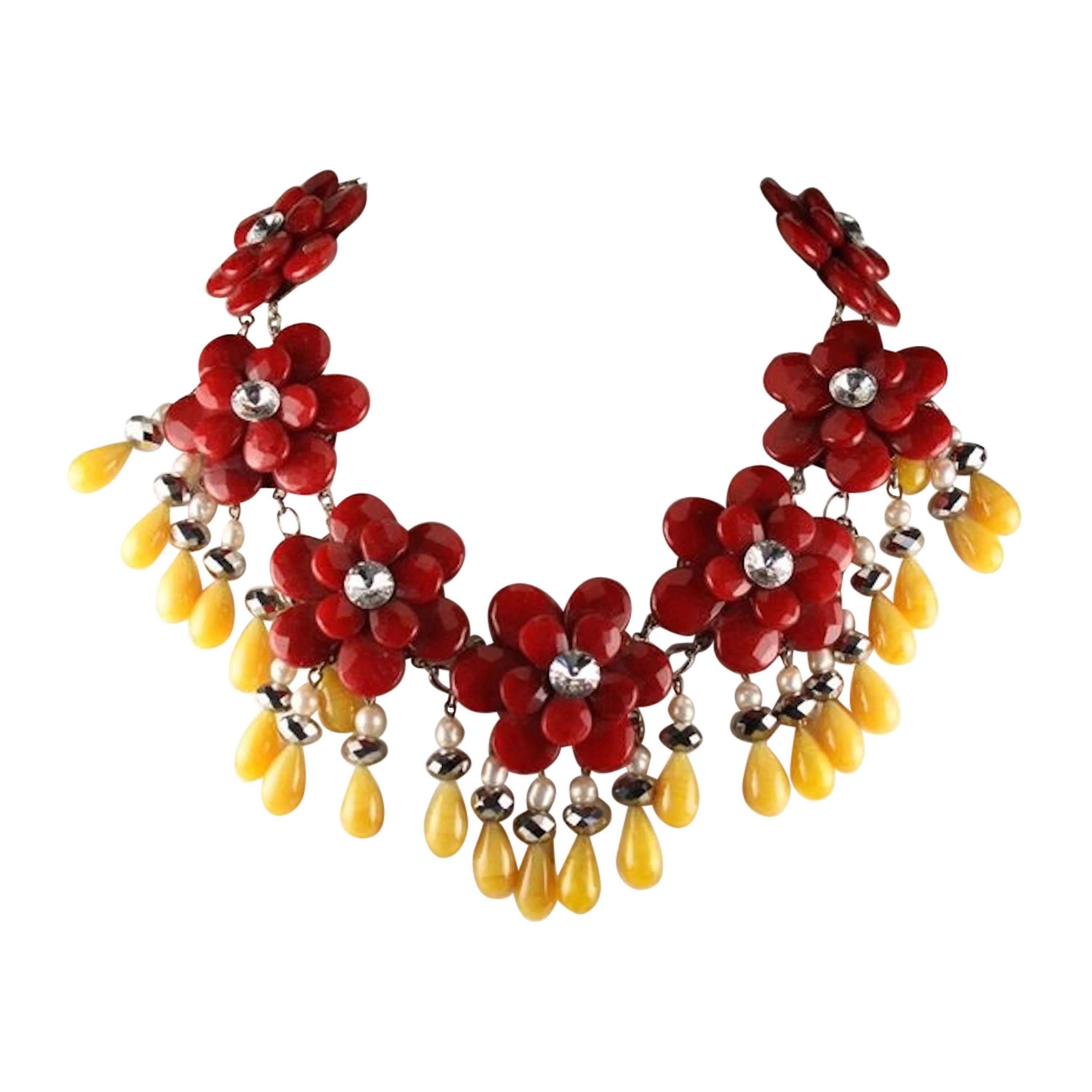 Francoise Montague Red and Yellow Agate Floral Motif Necklace