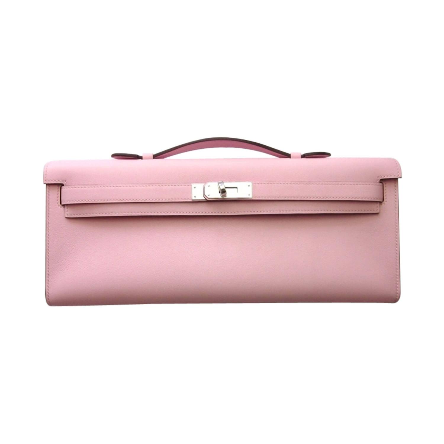 hermes rose sakura kelly pochette cut clutch bag swift palladium