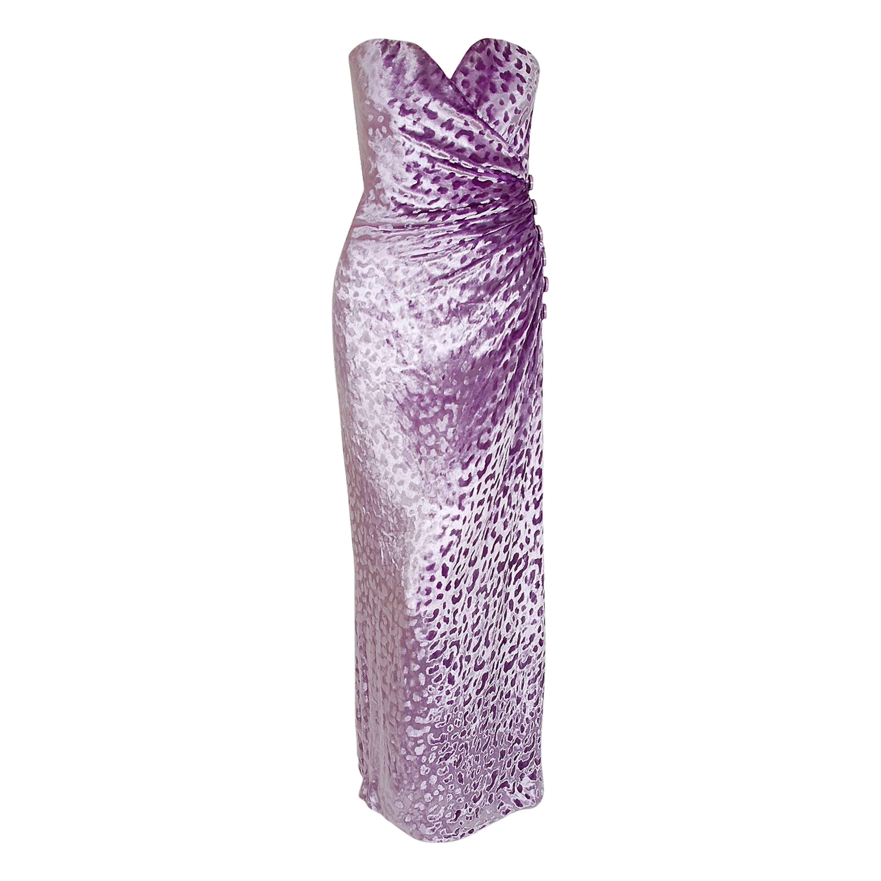 1990 Givenchy Haute-Couture Lavender Leopard Print Silk-Velvet Strapless Gown 