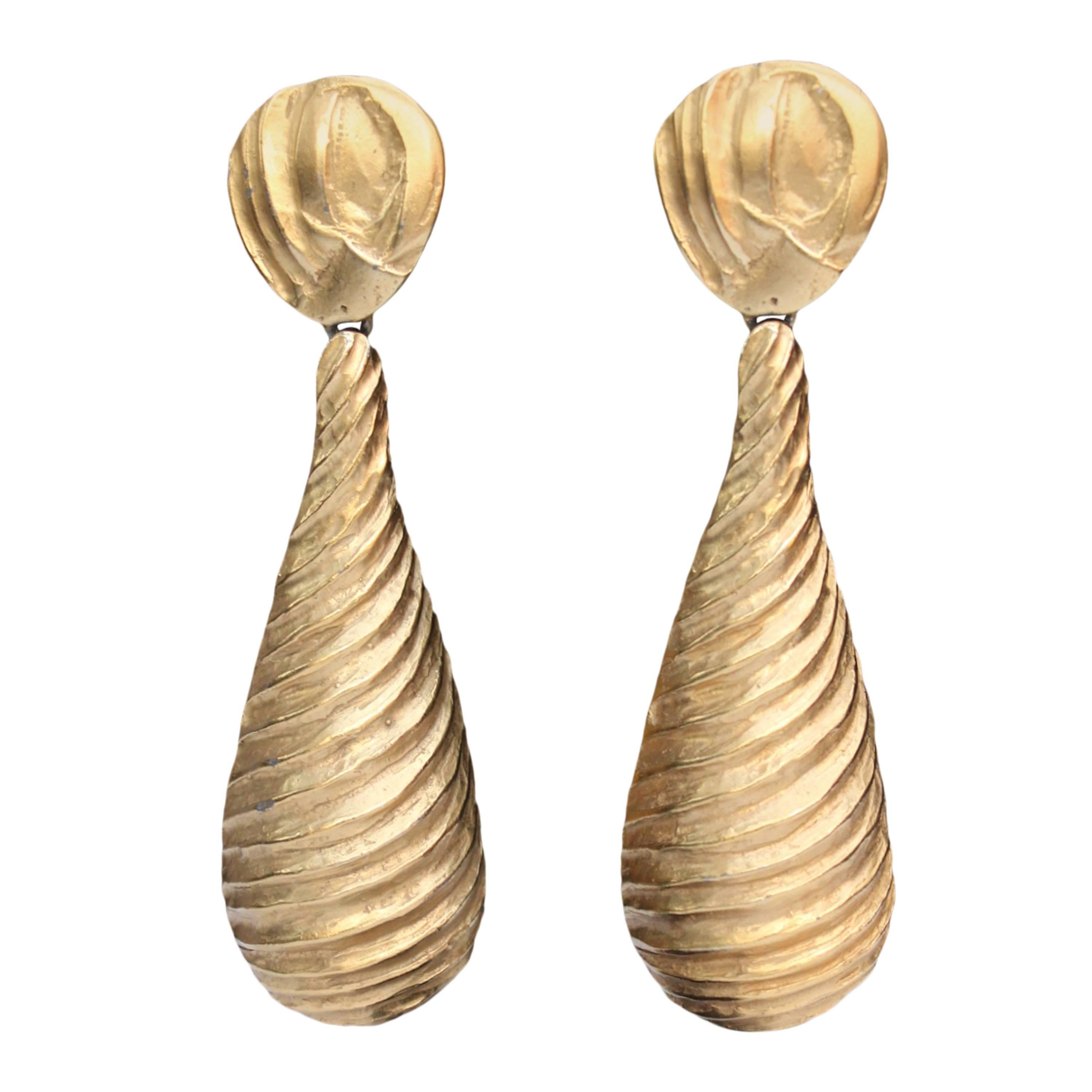 1980s Yves Saint Laurent Large Gilt Metal Drop Earrings